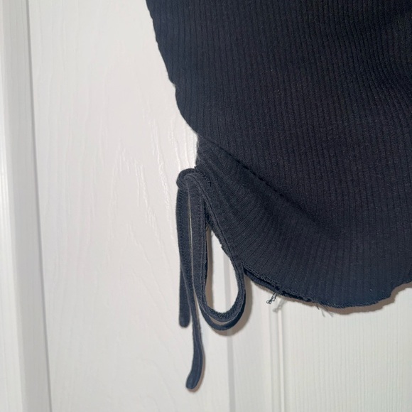 Drawstring Ruched Black Ribbed Women's Top - Picture 3 of 3